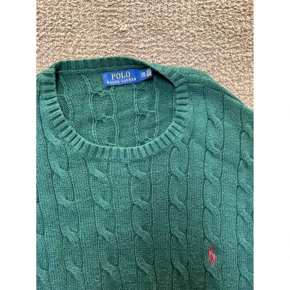 Polo Ralph Lauren Mens XXL Green Cable Knit Cotton Crew Neck Sweater Red Pony
